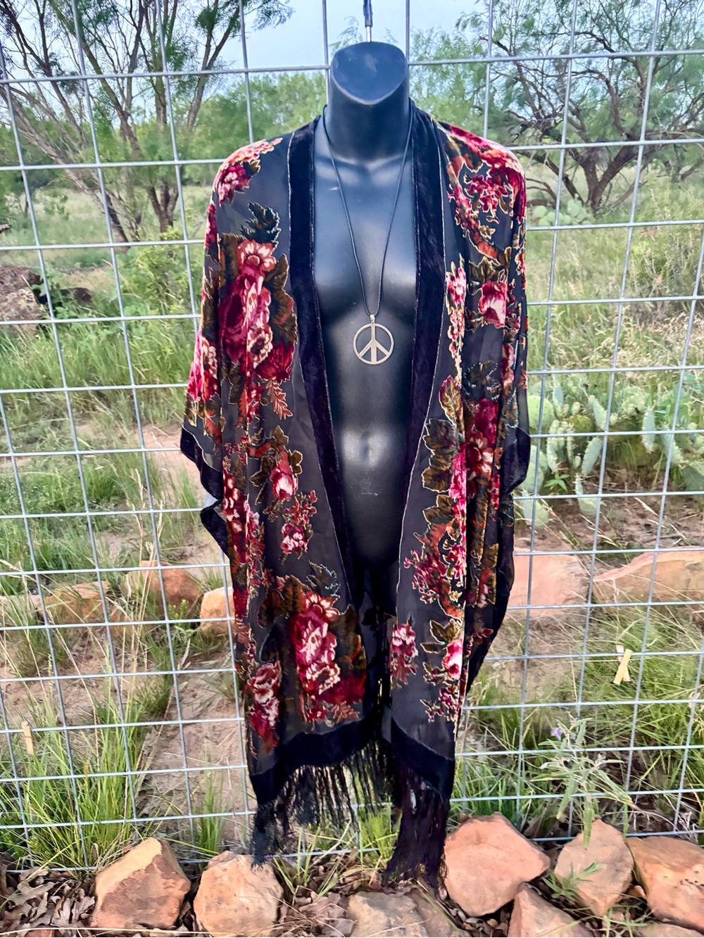 Floral Burnout Velvet Unique Vintage Kimono Jacket - Black & Burgundy